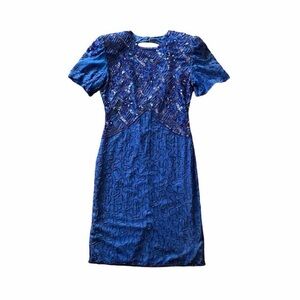 Vintage 80s Blue Silk Sequin Party Dress - Size S